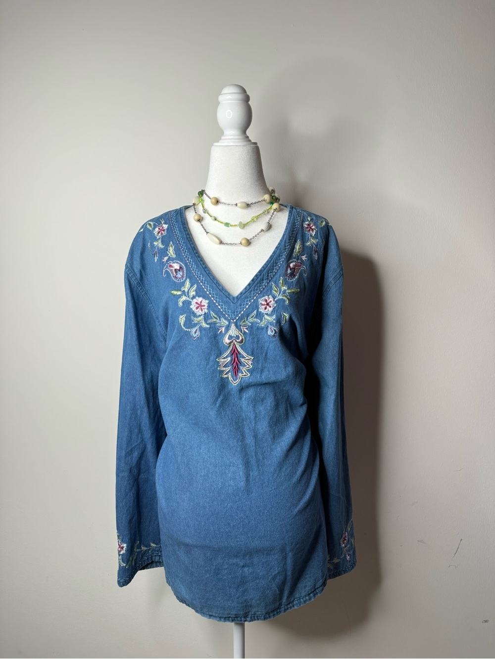 Liz & Me Blue Embroidered V-Neck Tunic